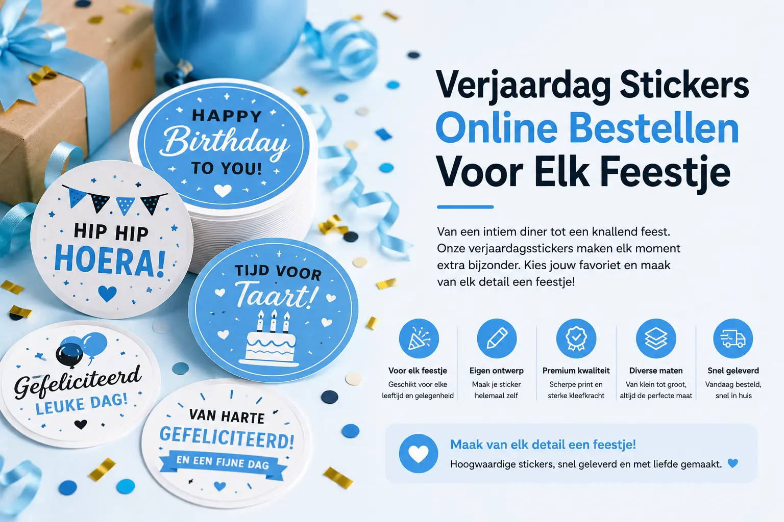 Verjaardagstickers op maat online bestellen - Diverse formaten en materialen met feestelijke designs, van kinderfeest tot mijlpaalverjaardag