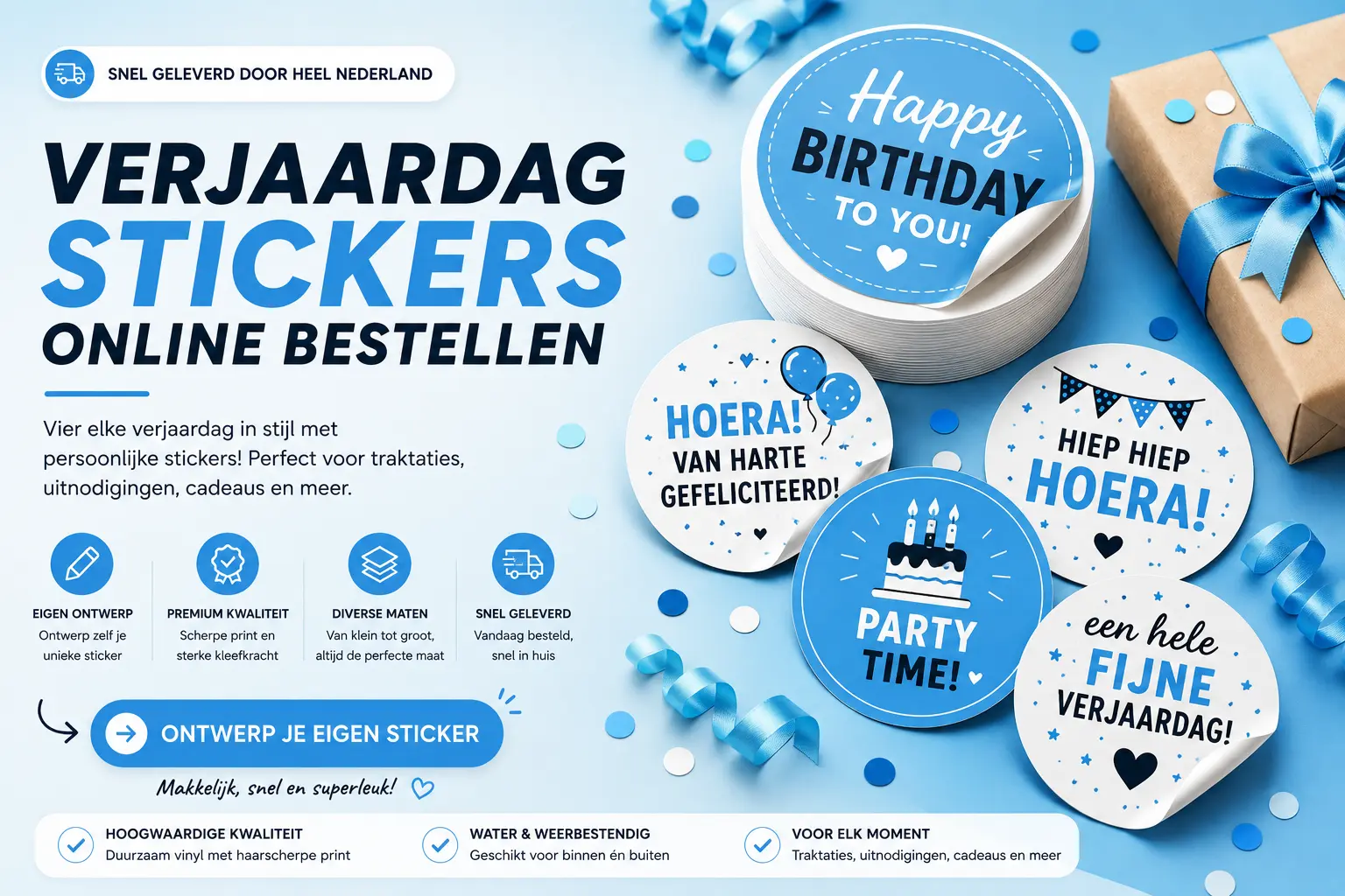 Verjaardag stickers online bestellen - Happy Birthday, Hoera Van Harte Gefeliciteerd en Party Time verjaardagstickers in blauw, snel geleverd door heel Nederland