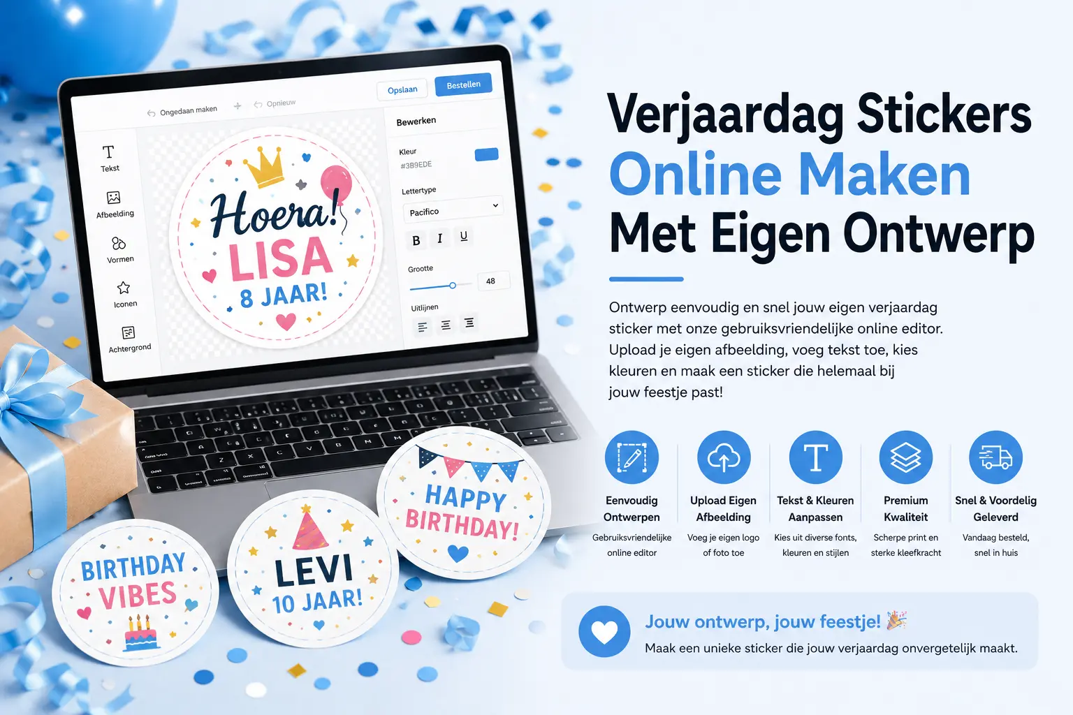 Gepersonaliseerde verjaardagstickers online bestellen met naam, leeftijd en eigen foto - online ontwerptool voor verjaardag stickers maken